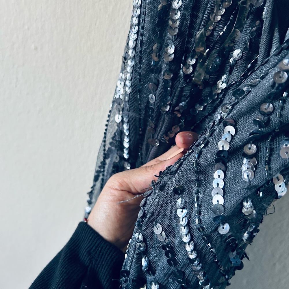 Pretty long sequin party dress, gunmetal color, heart neck